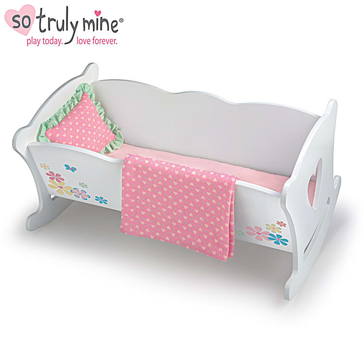 Pink Dolls Rocking Cradle Crib Cot Bed Girls Toy With Mobile Blanket & Pillow 