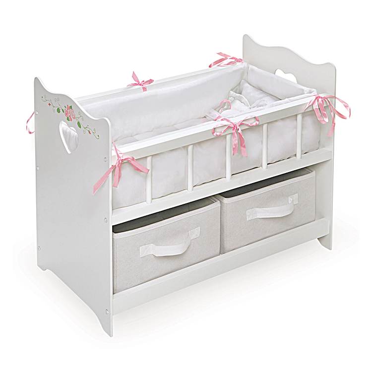 White Baby Doll Crib Accessory For Dolls Up To 20 Featuring A Padded Liner  With Pillow Set & 2 Removable Baskets That Provide Plenty Of Storage