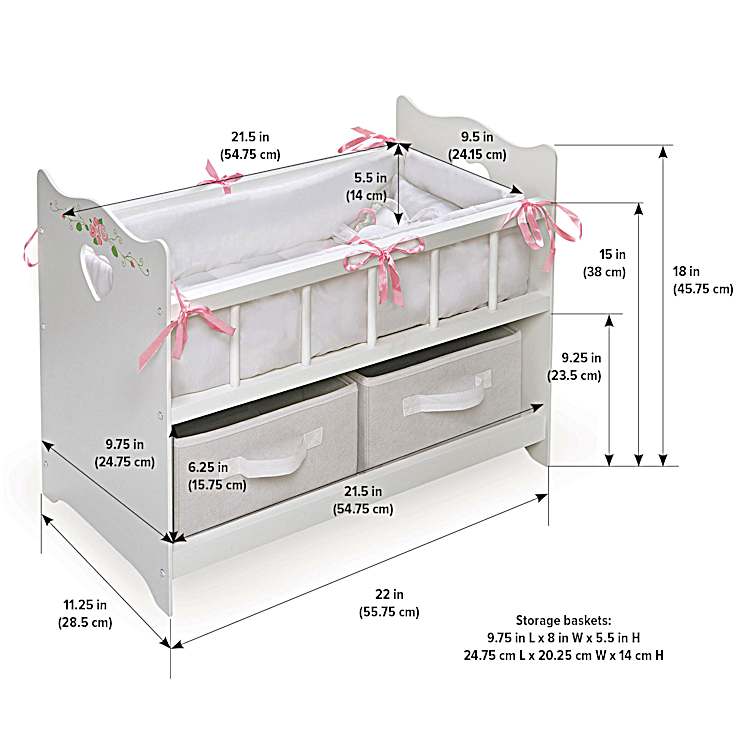 White Baby Doll Crib Accessory For Dolls Up To 20 Featuring A Padded Liner  With Pillow Set & 2 Removable Baskets That Provide Plenty Of Storage