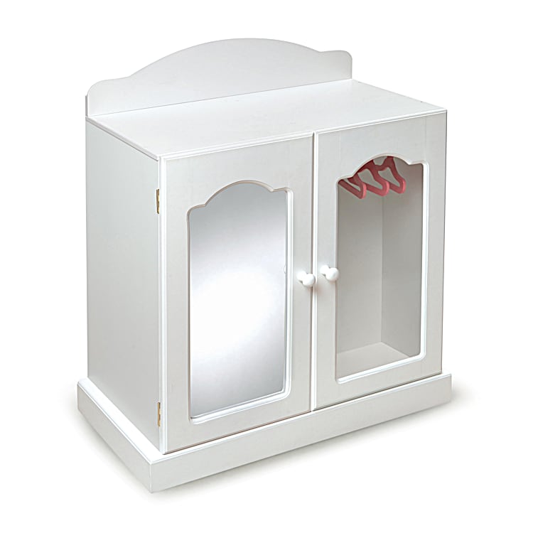 White Mirrored Doll Armoire For Dolls Up To 24 That Comes With 3 Hangers  And Removable Baskets