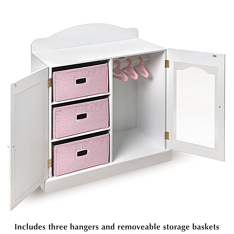 White Mirrored Doll Armoire For Dolls Up To 24 That Comes With 3 Hangers  And Removable Baskets
