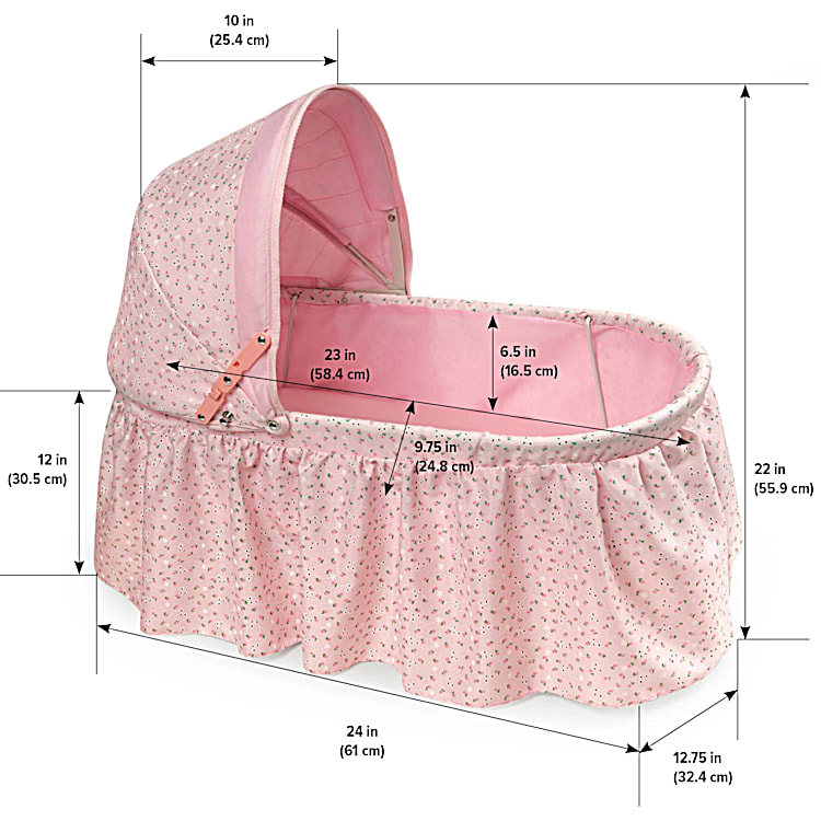 Pink Folding Doll Cradle For Baby Dolls Up To 22 With Canopy Hood Adorned With A Rosebud Pattern
