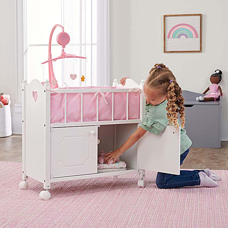 White Wooden Baby Doll Cabinet Crib For Kids 6 With Pink Gingham Bedding And Fits Dolls Up To 22