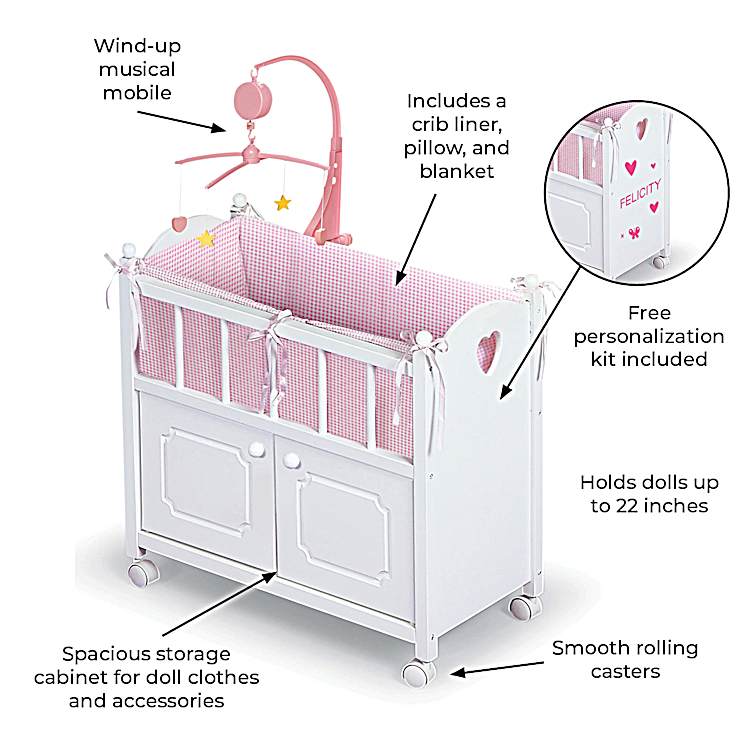 White Wooden Baby Doll Cabinet Crib For Kids 6 With Pink Gingham Bedding And Fits Dolls Up To 22