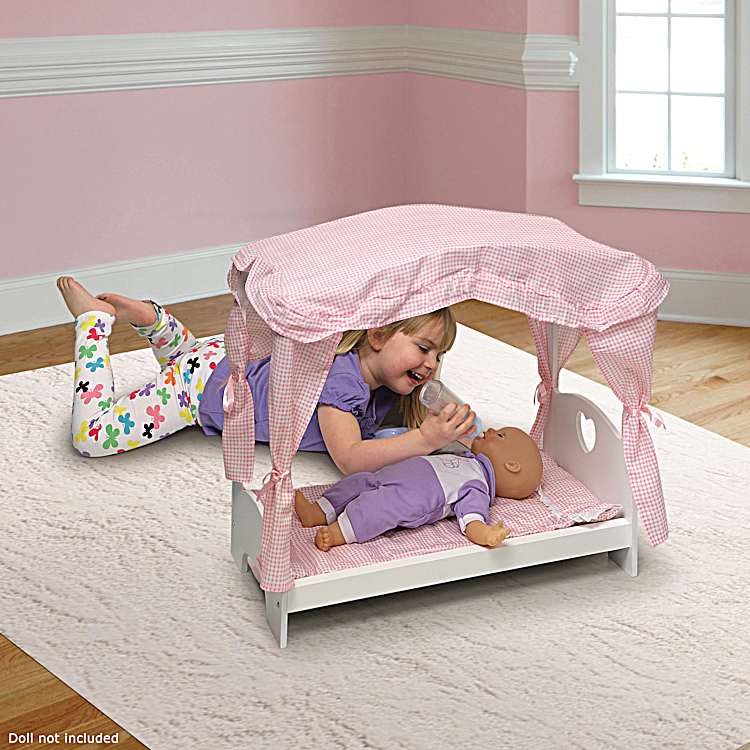 Canopy Doll Bed With Pink Gingham Bedding And Matching Fabric