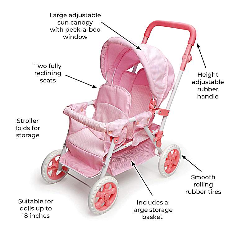 Pink Folding Stroller For Children 6 With Front To Back Seats That Fit 2 Dolls Up To 18