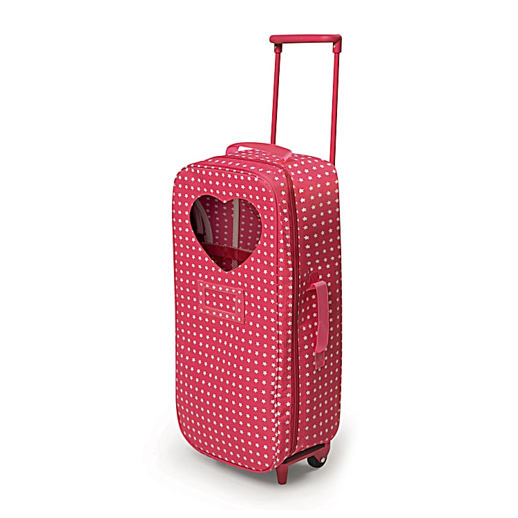 Rolling Red Trolley Doll Carrier For Kids 6 With Clear Heart Shaped Window And Fits Dolls Up To 18