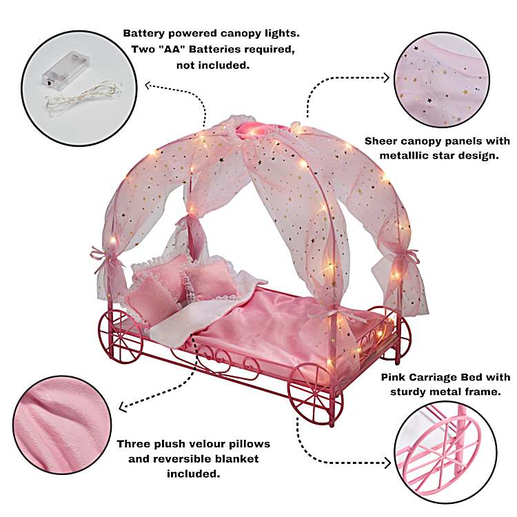 Illuminated Pink Carriage Doll Bed For Kids 6+ With Plush