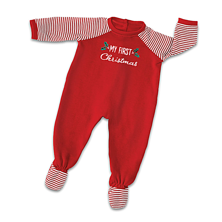 Custom Designed Christmas PJs Baby Doll Accessory Set With Candy Cane Striped Sleeves Footies Matching Top Knot Cap