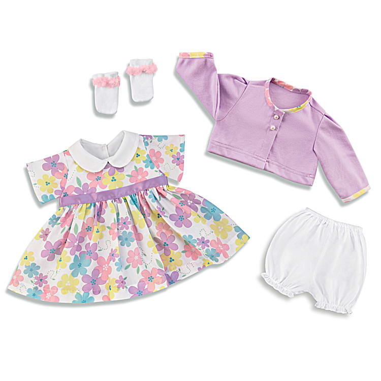 Cute And Classic Dress Baby Doll Accessory Set That Fits Dolls 16-19  Featuring A Custom-Designed Spring Floral Print Dress With Matching Cardigan