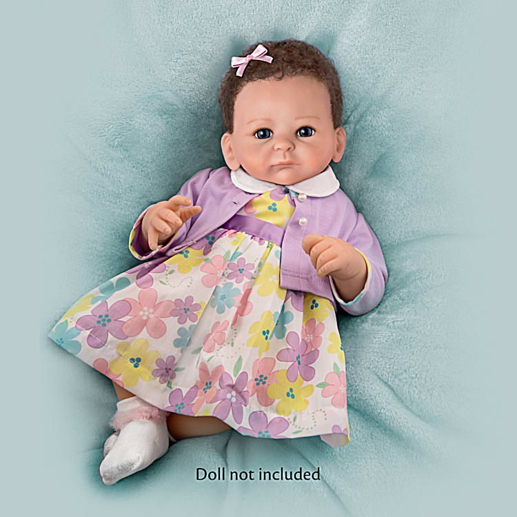 Cute And Classic Dress Baby Doll Accessory Set That Fits Dolls 16-19  Featuring A Custom-Designed Spring Floral Print Dress With Matching Cardigan