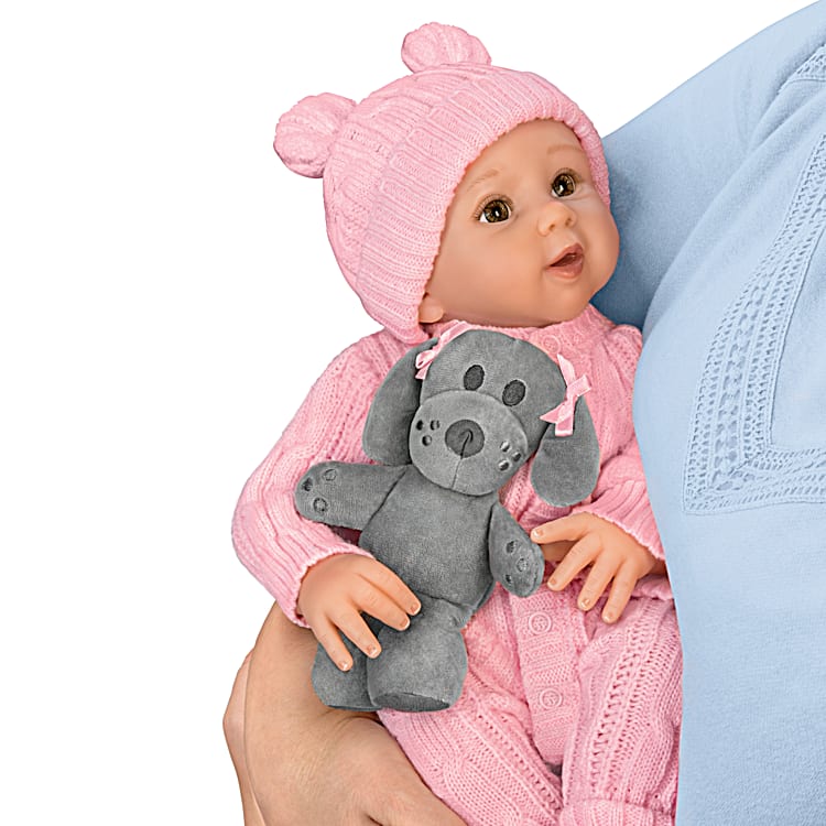 So Truly Real Arianna My Snuggle Pup Vinyl Baby Doll And Plush Dog Set By Artist Sherry Rawn Featuring A Classic Cable Knit Sleeper Magnetic Pacier