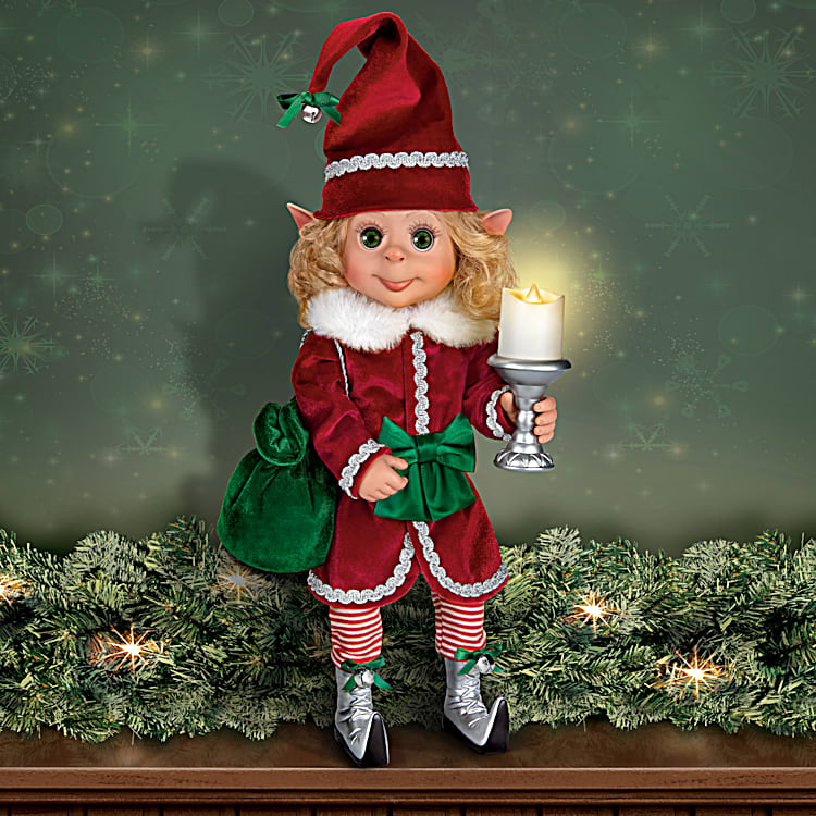 Merry The Christmas Elf 14 Tall Poseable Doll Featuring A Fabric Costume  With Illuminating Candle