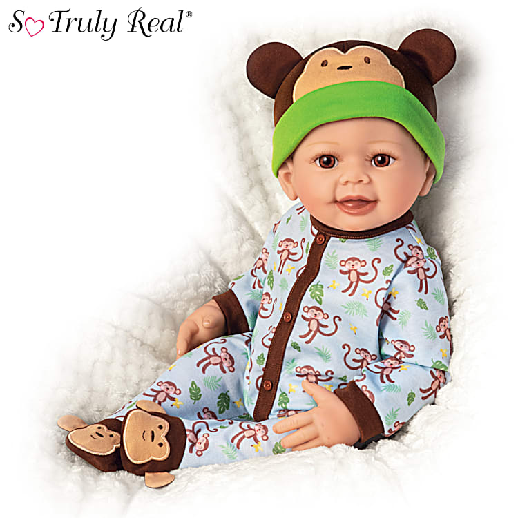 So Truly Real Lucas Realistic Baby Doll With Hand Rooted Hair Custom Monkey Print Pajamas And