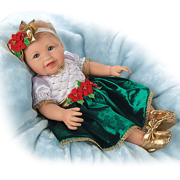 My First Christmas Holly Lifelike Baby Doll With Emerald Crushed Velvet Dress And Gold Tone Ornament