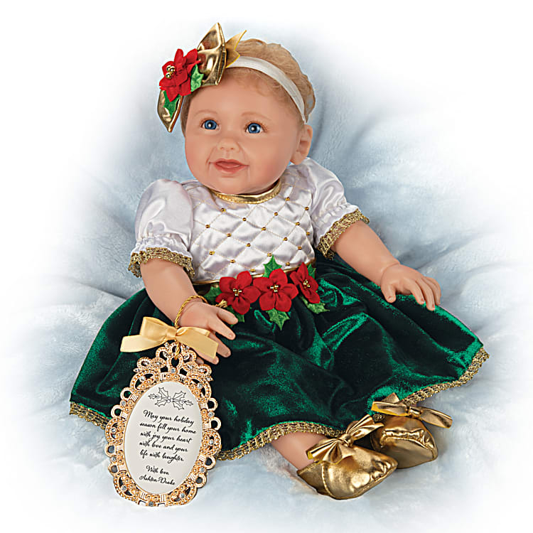 17" Ping Lau Holly RealTouch Vinyl Baby Doll with Emerald Velvet Dress and Golden Shoes
