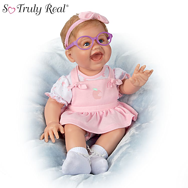 Hand Painted Realistic Baby Doll With Custom Designed Pinafore Dress And Comes With Purple Glasses