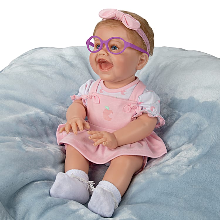 Hand Painted Realistic Baby Doll With Custom Designed Pinafore Dress And Comes With Purple Glasses