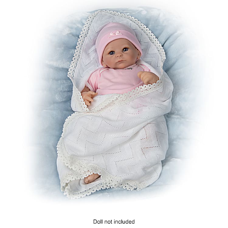 Ultra Soft Knit White Baby Doll Comfort Blanket Trimmed With Lace And Measures 28 x28