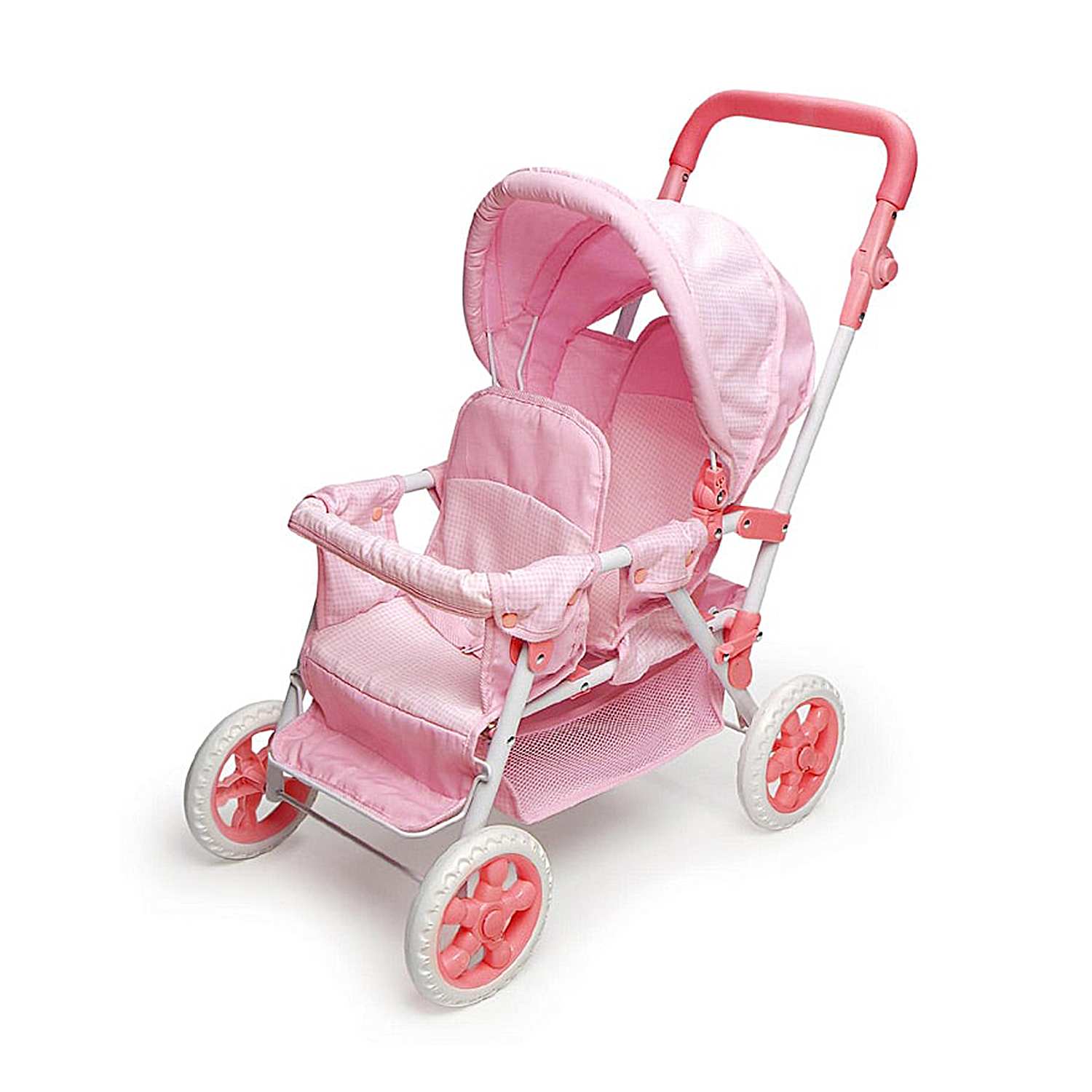 Pink Folding Stroller For Children 6 With Front To Back Seats That Fit 2 Dolls Up To 18