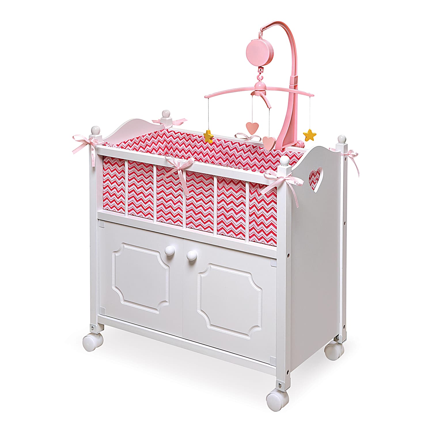 Wooden Doll Crib For Kids 6 With Cabinet Pink Bedding And Rotating Mobile And Fits Dolls Up To 22