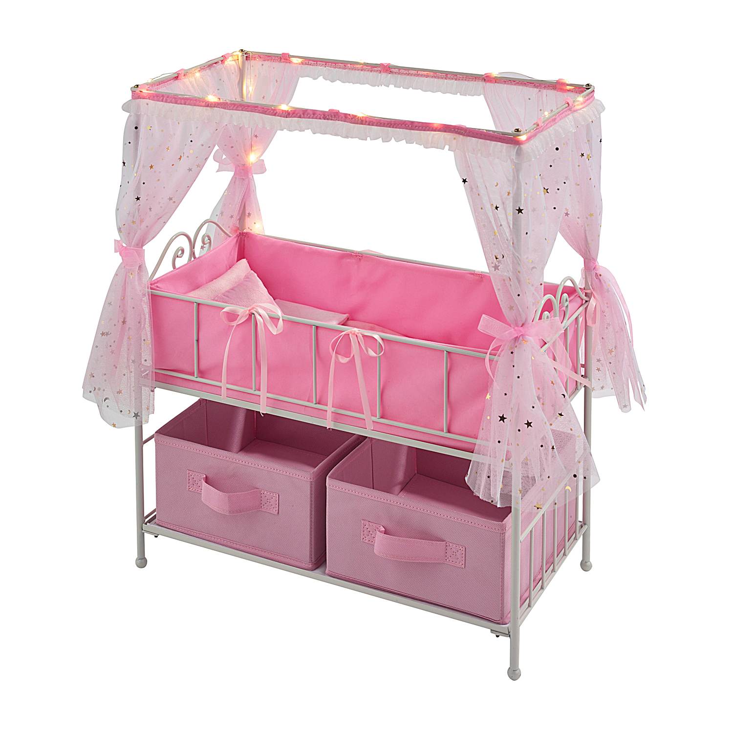 Illuminated 4 Post Doll Crib For Kids 6 With Pink Bedding And 2 Storage Bins Fits Dolls Up To 18