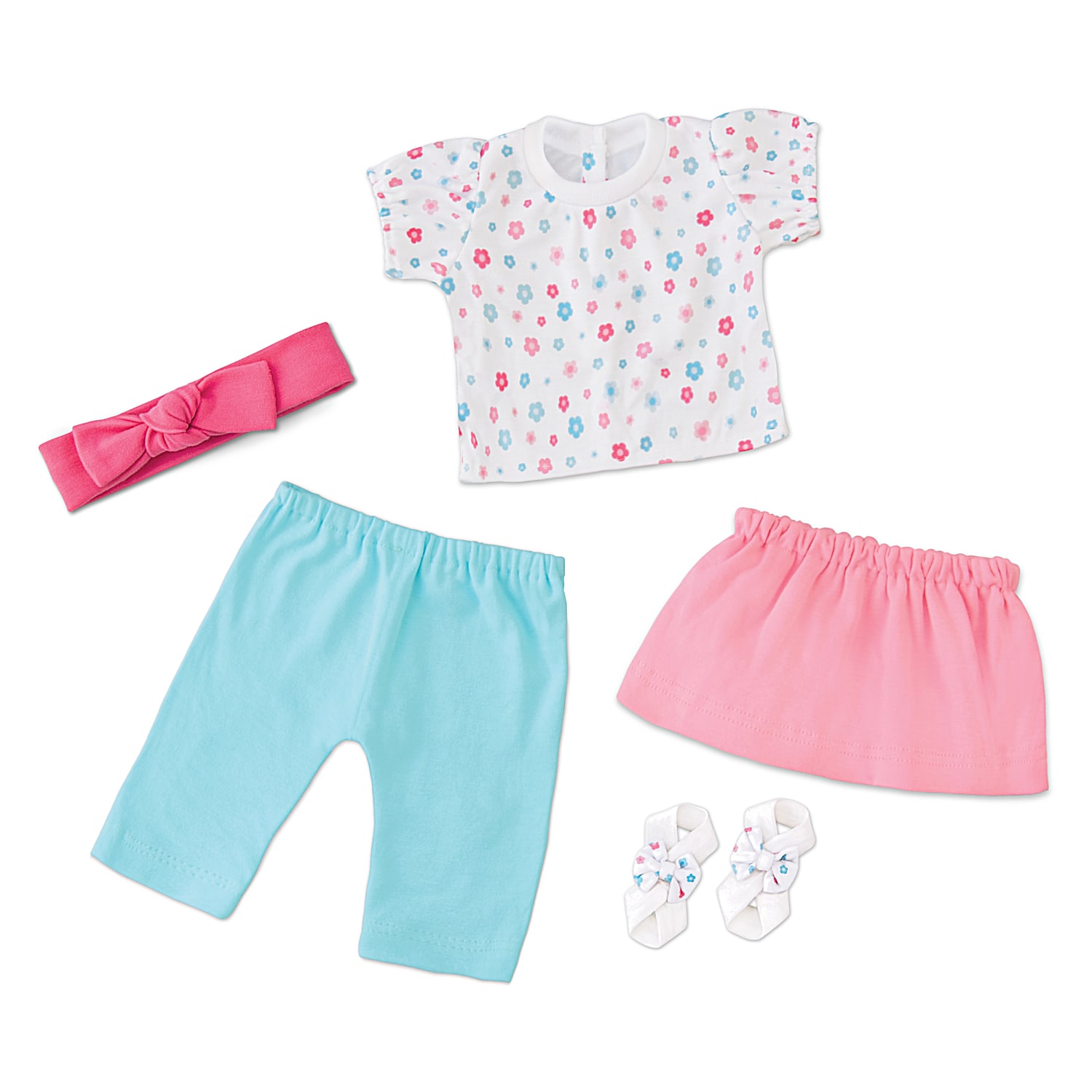 Mix And Match Baby Doll Accessory Set Featuring Floral Print Cotton Interlock Skirt & Top With Pull-On Pants, Bow-Accented Headband & Barefoot That Fits 17”- 19” Dolls