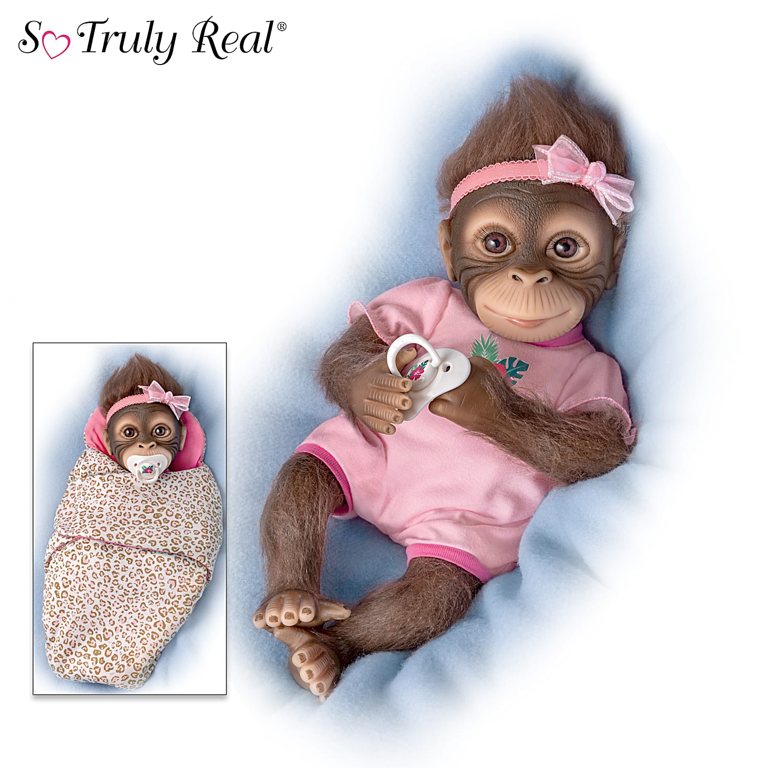 So Truly Real Snuggle Suri Vinyl Monkey Baby Doll With Hand-Applied Mohair,  Custom-Designed Animal Print Bunting And Pacifier