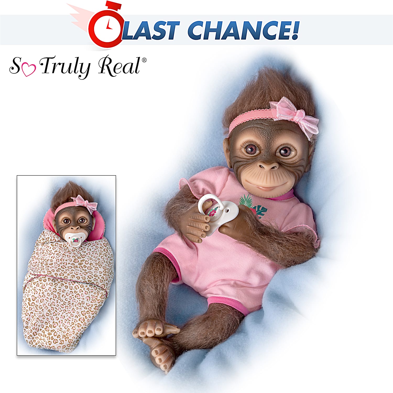 So Truly Real Snuggle Suri Vinyl Monkey Baby Doll With Hand-Applied Mohair,  Custom-Designed Animal Print Bunting And Pacifier