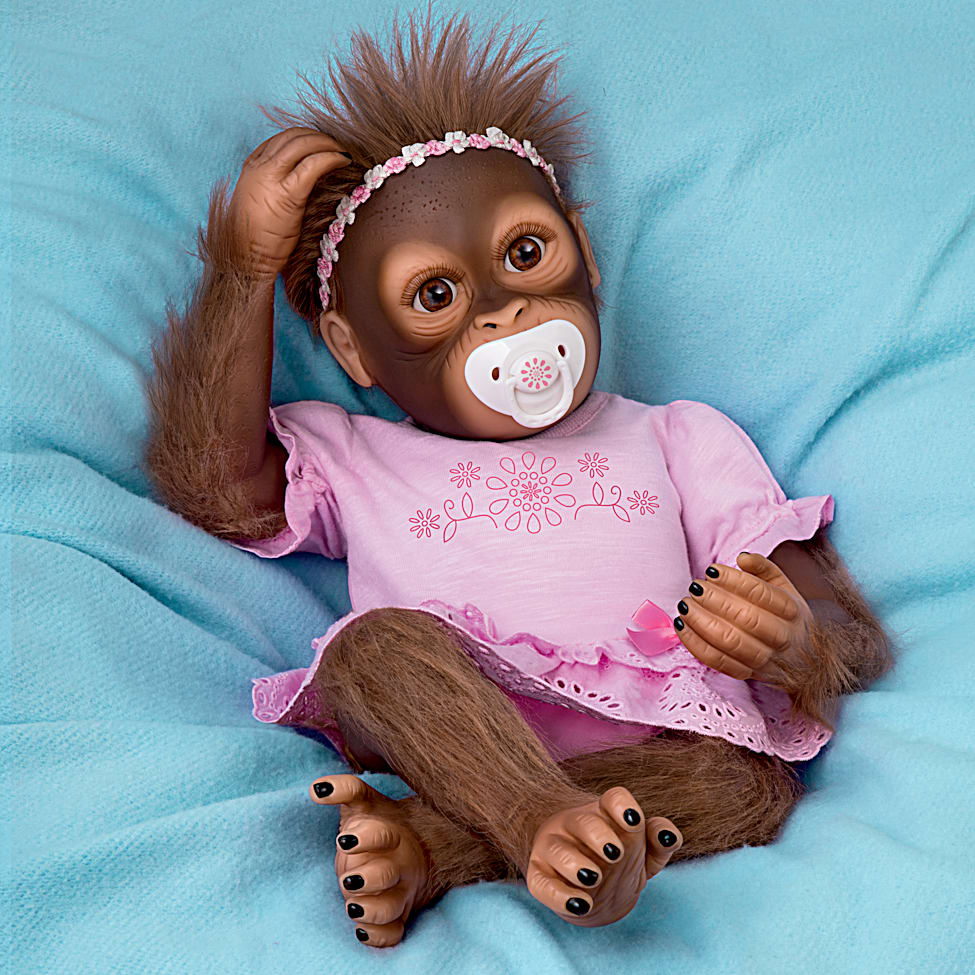 So Truly Real Cooing Cora Vinyl Baby Monkey Doll With Custom Ruffled Romper Magnetic Pacifier Featuring Hand Applied Mohair