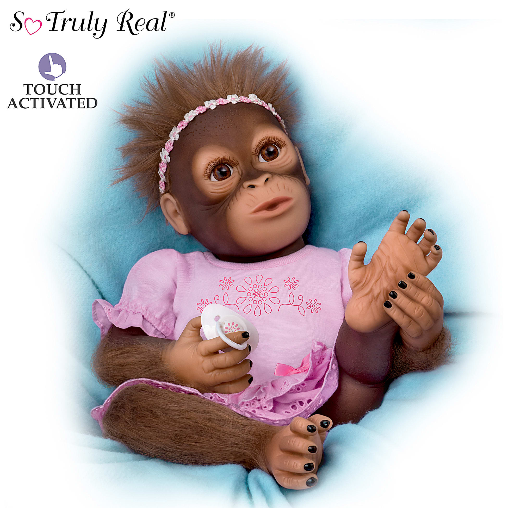 So Truly Real Cooing Cora Vinyl Baby Monkey Doll With Custom Ruffled Romper Magnetic Pacifier Featuring Hand Applied Mohair