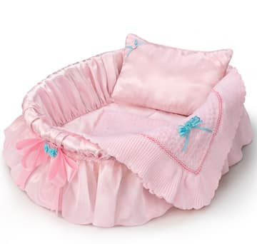 Includes satin-lined basket with blanket and satin pillow