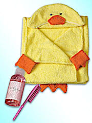 Accessories include custom hooded towel, brush, and shampoo bottle