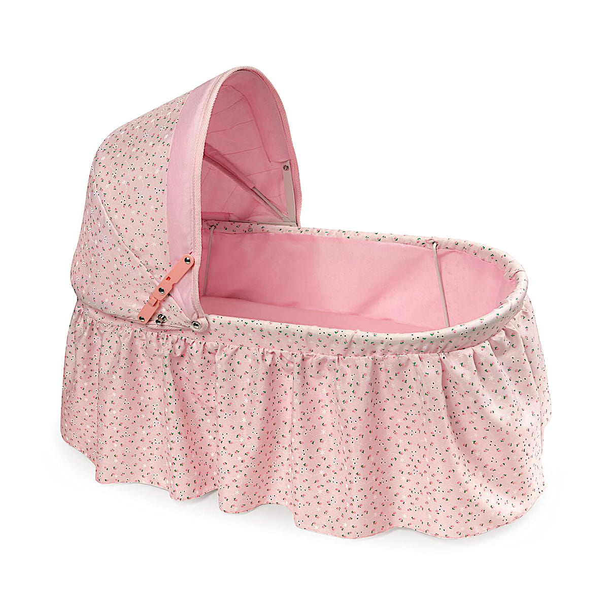 Pink Folding Doll Cradle For Baby Dolls Up To 22 With Canopy Hood Adorned With A Rosebud Pattern