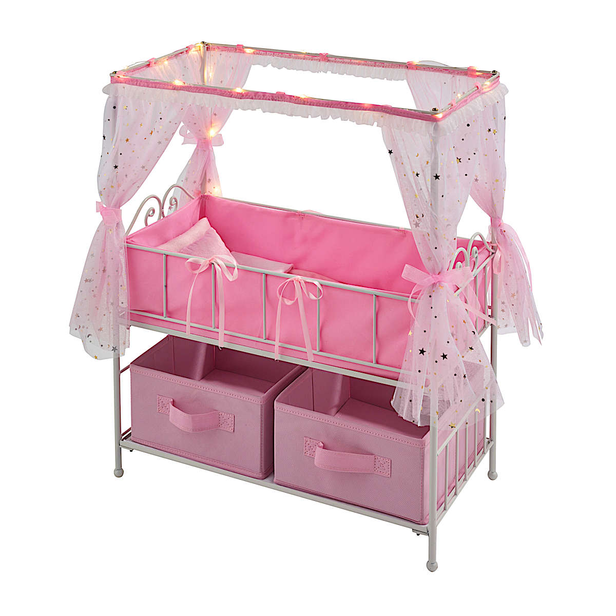 Illuminated 4 Post Doll Crib For Kids 6 With Pink Bedding And 2 Storage Bins Fits Dolls Up To 18
