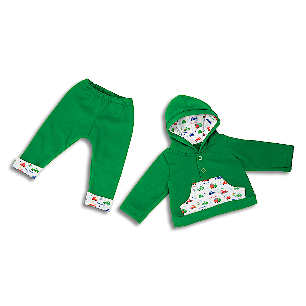 Zoom Zoom Accessory Set That Fits Baby Dolls 16 19 Featuring A Green Hoodie Matching Pair Of Sweatpants Accented With An All Over Car Print