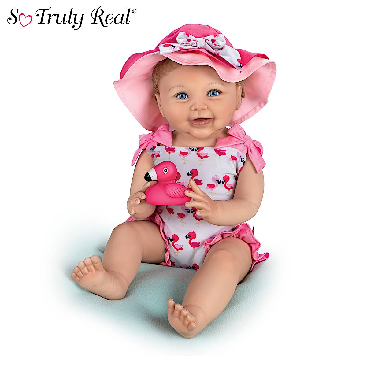 Hand-Painted Realistic Baby Doll Featuring A Flamingo Print