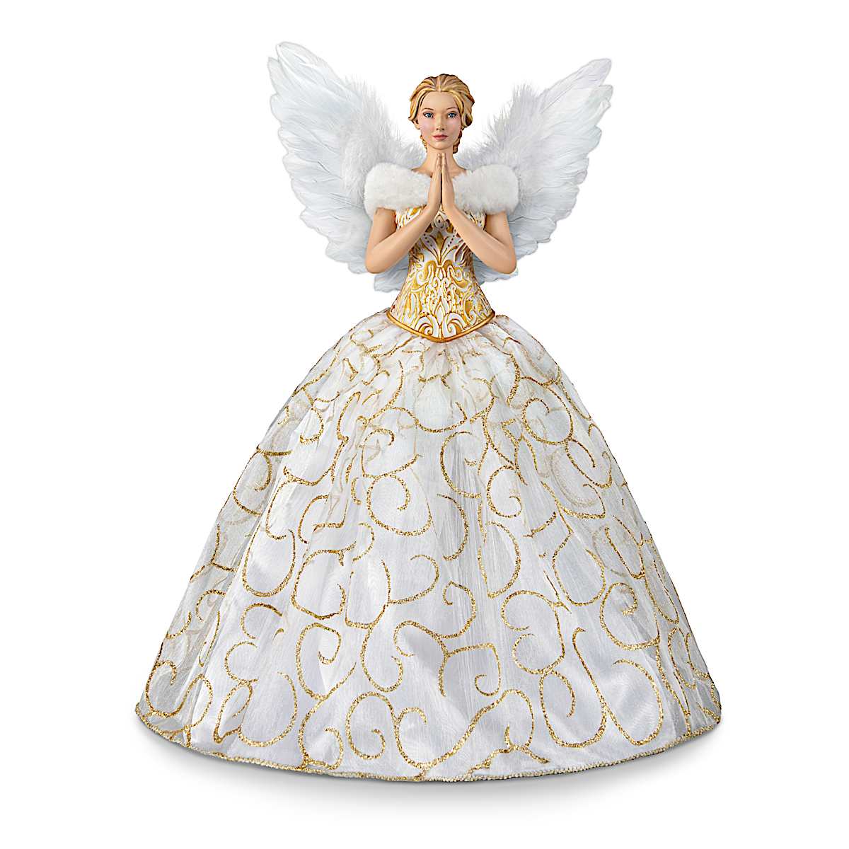 Hand-Painted Angel Portrait Figure Featuring An Illuminated White Organza Gown With Glitter Accents