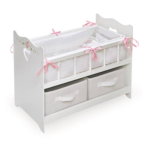 White Baby Doll Crib Accessory For Dolls Up To 20 Featuring A Padded Liner With Pillow Set 2 Removable Baskets That Provide Plenty Of Storage