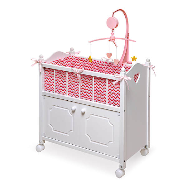 Wooden Doll Crib For Kids 6+ With Cabinet, Pink Bedding And