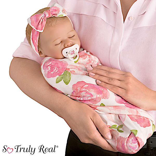 Marissa May Rosie Baby Doll With Custom Rose Print Swaddle Blanket