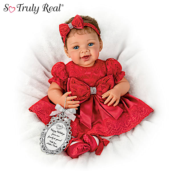 My First Christmas Gianna Lifelike Baby Doll With Custom Red Satin Outfit And Silver Toned Ornament