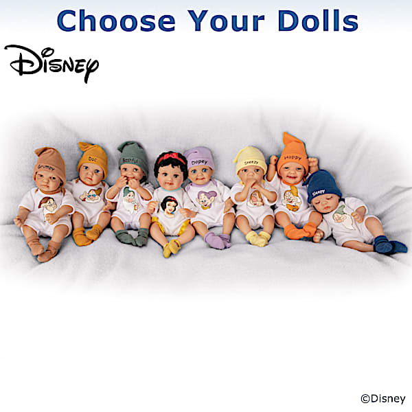 Disney Snow White And The Seven Dwarfs 6 Baby Dolls With Custom One Piece Knit Cap Matching Socks
